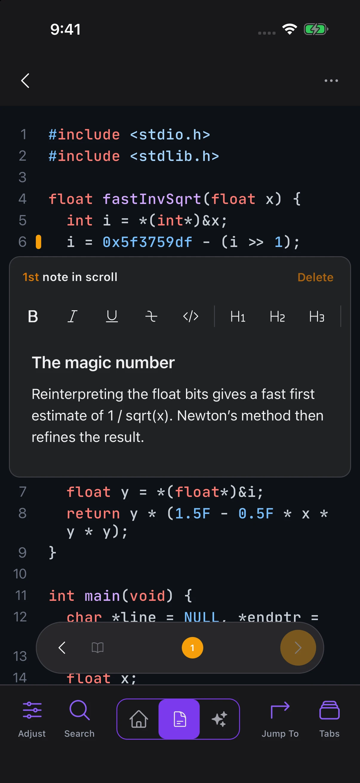 Gitscrolls on mobile with a note explaining the fast inverse square root magic number